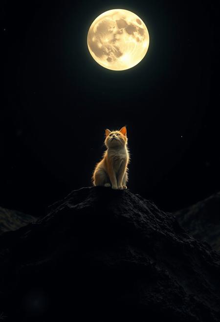 Nighttime lunar landscape featuring a whimsical, adorable cat sitting atop a craterside, illuminated by the radiant glow of the full moon hanging low in the dark sky. The cat's fur shines like stardust as it gazes up at the celestial body, its tiny paws and ears visible despite the vastness of the moonlit terrain.