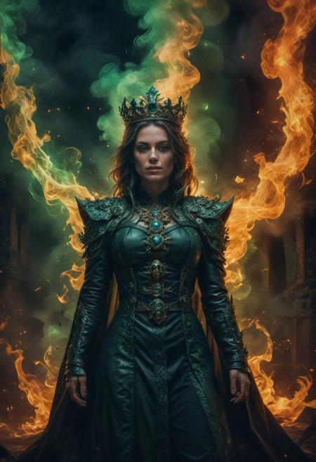 ((Full-length photograph / whole body photograph of the (evil sorceress) wearing black leather robes with (a necklace of skulls) and a (crown of fire)  , standing in a poisonous faint green fog, with an (obsidian tower) behind it)), 
:BREAK:
((Perfect photograph, strong fisheye-lens photograph (intense fisheye-view photograph), strong bokeh, cinematic photograph, experimental low angles, cinematic heaven, warm angelic lighting, intricately detailed, very detailed background, realisticvision-negative-embedding, epiCRealism ))