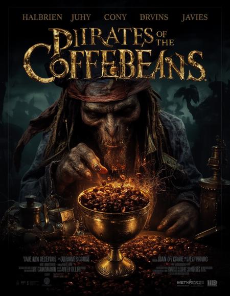 cinematic style, beauty, realism, photorealism, chiaroscuro, high quality mvpstr a movie poster titled "Pirates of the Coffeebeans", with a jack sparrow smelling coffee beans in a golden goblet