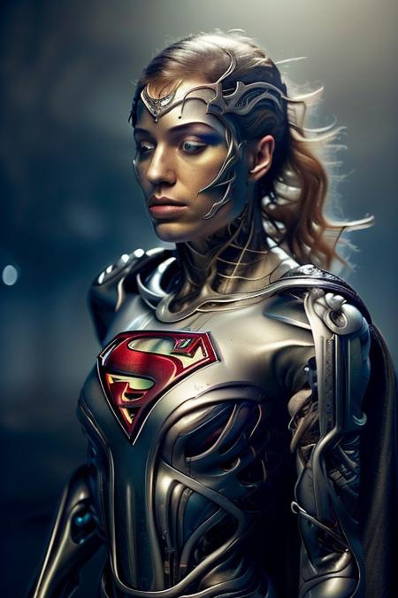 cinematic film still silverpulse, cyborg supergirl, 'S' Logo on chest, red cape, simple background, high quality, artistic, vibrant colors, detailed textures. futuristic sleek/glossy silver and blue glow, vibrant colors, detailed textures., Concept art, cyborg, background, vintage, modern, SilverPulse, superman_oc, <lora:SilverPulseMorphXL:0.8>, excellent composition, artistic, highly detail, holy, sunny, dynamic dramatic beautiful full taking . shallow depth of field, vignette, highly detailed, high budget, bokeh, cinemascope, moody, epic, gorgeous, film grain, grainy,  face focus, face close up,