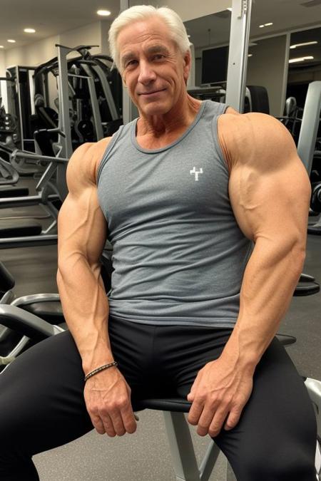 mature man, bodybuilder, sitting, relaxed,  black sleeveless tank top