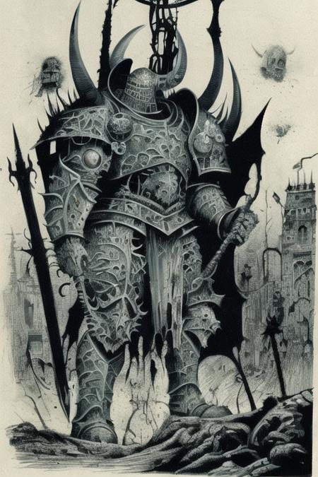 chaos warrior, (masterpiece), absurdres, (absurdly detailed:1.2), nurgle, 2D, solo, best quality, dirty, bloodstained, <lora:chaoswarrior:1>, dirty armor, satanic