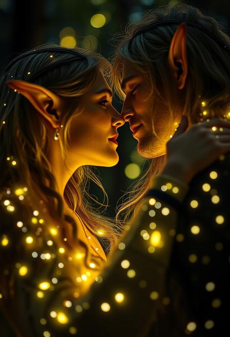 UHD 32k movie still, HDR, RAW. Photography, half-body portrait of couple elves kissing and dancing in woods at night at firefly festival, covered in fireflies, pointy ears, closeup, firefly light, fantasy, fantasy world, Stunning visuals, Texture, beautiful face features, intricate design, photorealistic, hyperrealistic, high definition, extremely detailed, cinematic, UHD, HDR, 32k, ultra hd, realistic, vivid colors, highly detailed, perfect composition, beautiful detailed intricate insanely detailed, trending on artstation, artistic photography, soft natural volumetric cinematic perfect light, Macro photography, close-up, hyper detailed, sharp focus, studio photo, intricate details, highly detailed
