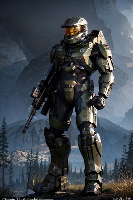 mecha, realistic, science_fiction, weapon, solo, 1boy, holding, standing, male_focus, holding_weapon, armor, gun, helmet, holding_gun, rifle, assault_rifle, power_armor, bullpup<lora:masterchief:1>