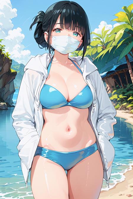 sssshass, black hair, surgical mask, blue eyes, bangs,  large breasts long hair, low side ponytail, shawl, black skirt, white shirt, bangs, red bowtie, green hair scrunchie,  short hair, folded ponytail, swimsuit, blue bikini, hooded jacket