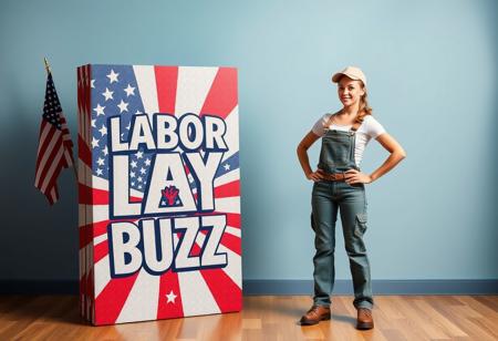 Gear up for an all-American Labor Day celebration, where your dedication is honored with exceptional rewards. Imagine a vibrant scene featuring a proud female worker standing tall beside a striking cardboard display titled ‘Labor Day Buzz.’ The display, adorned with the stars and stripes of the American flag, bursts with patriotic colors and intricate designs, capturing the essence of this national holiday. The worker, representing the strength and resilience of the American workforce, is dressed in classic workwear, embodying the spirit of hard work that defines our nation. As you enter this patriotic atmosphere, you’ll uncover exclusive surprises and top-tier rewards crafted just for you. Whether you’re here to relax or indulge, our Labor Day offerings will elevate your celebration to new heights. This is your moment to shine – because Labor Day is about honoring the spirit of American labor and the people who keep our country moving forward