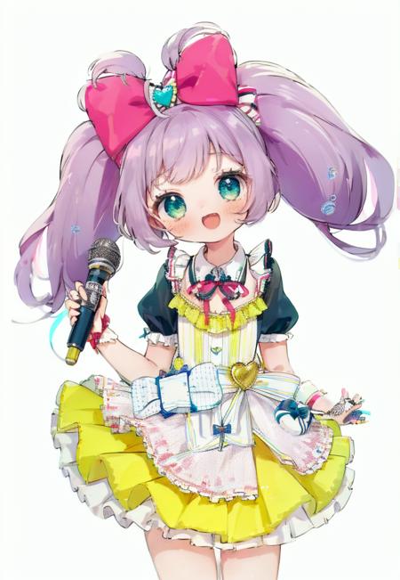 folded twintails,zzll,1girl,;d,blush,bow,bowtie,box,cowboy shot,crown,dress,frilled skirt,frills,gift,hair ornament,heart,heart-shaped box,holding,holding gift,layered skirt,looking at viewer,one eye closed,open mouth,short sleeves,simple background,skirt,smile,solo,striped,striped bow,v,v over eye,white background,yellow bow,ribbon,ahoge,teeth,puffy sleeves,puffy short sleeves,detached collar,frilled dress,microphone,layered dress,holding microphone,idol,arm ribbon,multicolored dress,wrist ribbon,treble clef<lora:mikuhairstyle:1>,<lora:lala-000009:1>,