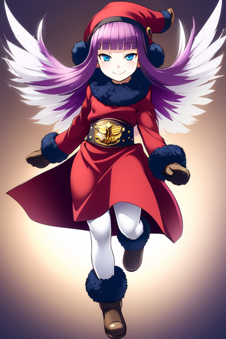 Muu Shuwuu, purple hair, white hair, two-tone hair, hair wings, blunt bangs, long hair, brown mittens, brown boots, white pantyhose, black fur trim, black fur collar, red coat, gold belt, blue eyes, red hat, long sleeves, smile, half-closed eyes