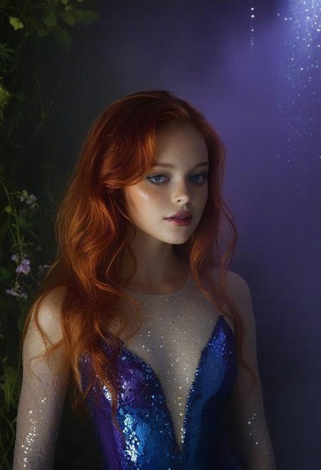This photograph showcases a young woman with long, wavy, fiery red hair cascading over her shoulders. She has a fair, porcelain skin complexion and is depicted with a serene, slightly dreamy expression. Her eyes are a striking blue, accentuated by subtle makeup, and she has a delicate nose and full, slightly parted lips painted with a soft pink lipstick. 
She is wearing a shimmering, deep purple, sequin-covered bodysuit that clings to her slender, athletic physique, highlighting her modest bust and slender waist. The sequins create a mesmerizing texture that catches the light, reflecting various hues of purple and blue.
The background features a dark, misty, almost ethereal setting with lush, green foliage and colorful flowers—yellow, purple, and white—spilling over to the edges, adding to the whimsical, almost surreal atmosphere. The scene is illuminated with a soft, moody lighting that emphasizes the play of light on her skin and the sequins, casting a warm glow on her.
The overall composition is reminiscent of a fairy-tale or fantasy setting, blending elements of natural beauty with a touch of magical allure.