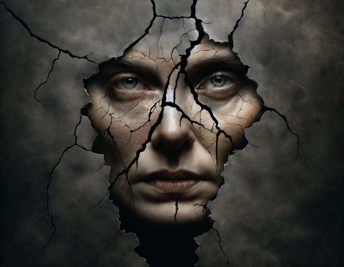 A cracked head of a woman with blue eyes.