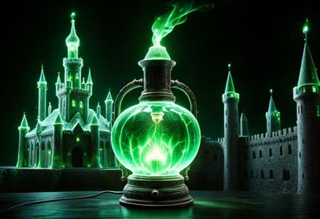 Necron, electricity, green glow, green theme, oil lamp with flame solo, castle, detailed background, best quality, vibrant colors, photorealistic style, high detail, hyper-realistic, highres, 4K resolution, realistic photo, masterpiece, ultra-detailed, gentle glow, close-up shot,