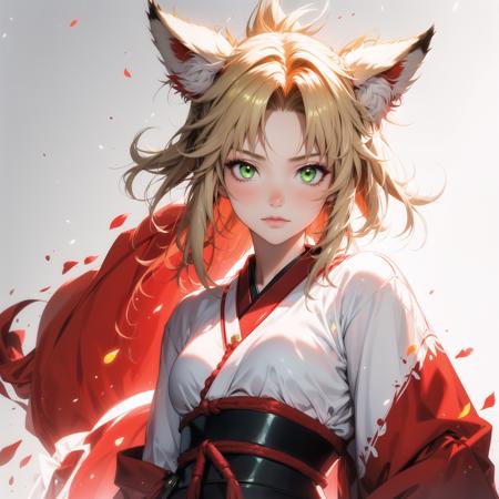 masterpiece, 1girl,  high quality, highres, absurdres, green eyes, mordred \(fate\), (medium breasts), casual clothes, glow, fox ears, shy, chi,  chistyle, style, japan style, glowing red, red theme, yellow theme, glowing white, white,  <lora:GoodHands-vanilla:1.5>,   <lora:chiistyle:0.5>,  <lora:MordredV3:1>