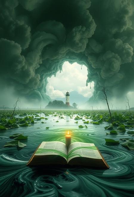 vast lush swampy landscape, lighthouse in the distance, The subject nimbus clouds portal gateway opening in the forground over a book if magic and waxy dripping candles, a lush swampy swamp,  macro of oil and water not mixing is a swirling mass of floating ink that appears as an  at an aperture of f/1.4. The image is artistic and surreal, blending realism with abstraction, capturing movement and energy through its dynamic motion and flowing forms. Abstract shapes, hyperrealistic nature photography of a lush submerged swamp forest medium format kodak gold, eldritch magic, wideangle shot of a forest grove, mountains in the background