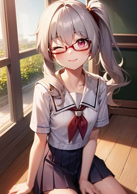 <lora:ClaraStarRailMBWLORAV1:1>(side ponytail, wavy hair::1.4), best quality, highly detailed eyes, red eyes, 1girl, solo, white hair, indoors, glasses, red-framed eyewear, one eye closed, smile, looking at viewer, (white school uniform:1.4), short sleeves, blush, sailor collar, navy skirt, long skirt, small breasts, flat chest, petite, library, hair between eyes