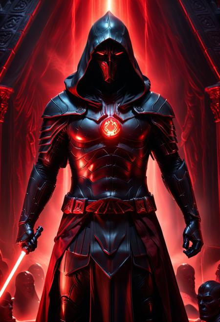 score_9, score_8_up, score_7_up, score_6_up, score_5_up, score_4_up, (absurdres, best quality, masterpiece:1.4), illustration, photorealistic, cinematic lighting, dynamic angle, perfect composition, black armor, meditation pose, glowing red aura, ancient sith statues, red lighting, shadowy atmosphere, hooded cape, dark side energy, powerful