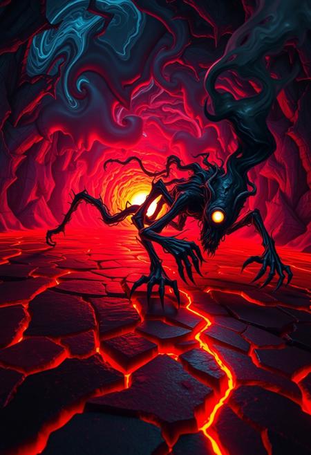 twisted, elongated creature with sharp, sinewy limbs and clawed hands crawling across a glowing, fractured red and black ground, its body made of intricate, web-like tendrils resembling tangled roots; the creature's shadowy face features a glowing, singular circular eye that pulses faintly with light, surrounded by flowing dark masses resembling smoke or hair. The background swirls with chaotic fractal patterns in deep blues, purples, and fiery reds, resembling a warped, nightmarish tunnel. The scene is lit with harsh, neon-like lighting, casting sharp contrasts and reflections on the creature’s body and the jagged surface beneath, with an otherworldly glow emanating from the tunnel's fiery center. High contrast, sharp details, and eerie, swirling textures dominate the surreal composition.