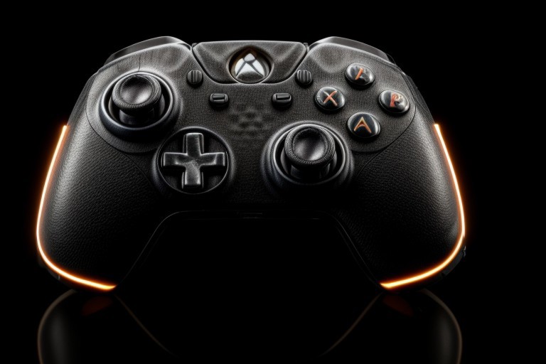 masterpiece, best quality, 8K, HDR, absurdres, intricate details, ciTron Legacy, photo of futuristic controller, neon details, controller, blurry background