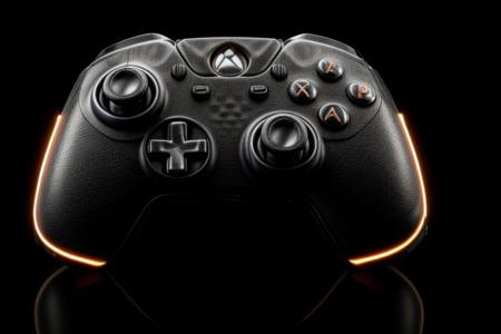 masterpiece, best quality, 8K, HDR, absurdres, intricate details, ciTron Legacy, photo of futuristic controller, neon details, controller, blurry background