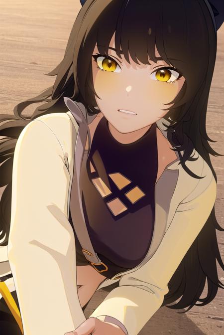 blake, blake belladonna, long hair, black hair, (yellow eyes:1.5), bow, hair bow, black bow, long hair, bangs, blake, blake belladonna, long hair, black hair, (yellow eyes:1.5), long hair, bangs, animal ears, cat ears, navel, midriff, belt, jacket, white jacket, long sleeves, open clothes, halterneck, criss-cross halter, pants, black pants, navel, midriff, belt, halterneck, criss-cross halter, bare shoulders, bare arms, pants, black pants,