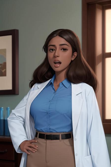 <lora:priyanka_maheswaran:0.8>, priyanka maheswaran, masterpiece, best quality, 1girl, solo, brown hair, long hair, open mouth, dark skin, shirt, blue shirt, indoors, labcoat, long sleeves, belt, dark-skinned female, parody, upper body, black eyes