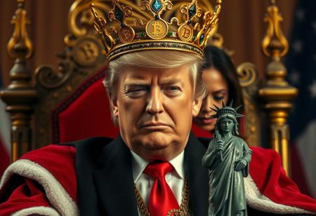 Donald Trump as the King of the USA: Donald Trump sits on a throne, proudly wearing a crown adorned with cryptocurrency symbols (Bitcoin, Ethereum, Dogecoin) instead of traditional jewels. His expression is fierce and triumphant, a smirk playing on his lips, embodying the power of a self-declared “King of the USA.”
Kamala Harris in the Background: Positioned more prominently in the background, Kamala Harris stands in clear view, tears visible as she gazes downward, conveying a sense of sorrow or defeat. She’s supported by a small Statue of Liberty figure that tugs on her gently, as if to encourage her forward or console her in her despair.
Visual Details: Shot with Panavision Cine Prime lenses, with high-quality color correction that enhances both realism and contrast in a docufiction style. The scene is vivid yet atmospheric, with rich colors and textures that highlight Trump’s imposing presence while emphasizing Harris’s emotional expression and the subtle symbolism in the Statue of Liberty’s supportive gesture.