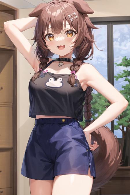 masterpiece, best quality, absurdres, cowboy shot, standing,
Korone, 1girl, solo, indoors, :3, smile, dog girl, dog ears, dog tail, twin braids, sidelocks, hair ornament, medium breasts, open mouth,
black shirt, bone print, clothing cutout, shoulder cutout, blue shorts