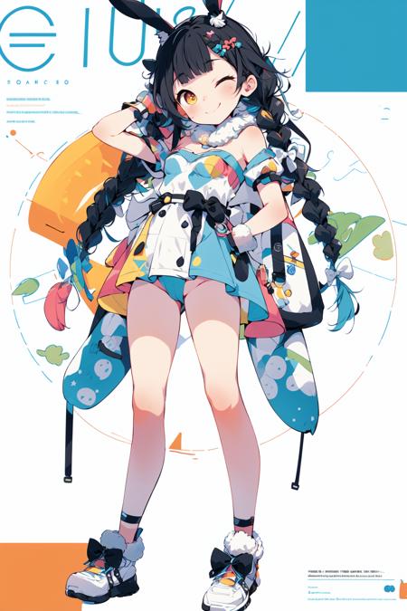 <lora:Harajuku:1>, 1girl, usada pekora, virtual youtuber, food-themed hair ornament, solo, animal ears, carrot hair ornament, rabbit ears, long hair, braid, pantyhose, gloves, twin braids, one eye closed, hair ornament, blue hair, black gloves, white hair, multicolored hair, full body, two-tone hair, animal ear fluff, don-chan (usada pekora), looking at viewer, shoes, fur trim, white background, simple background, twintails, breasts, standing, thick eyebrows, smile, bangs, white footwear, black pantyhose, hand on hip, standing on one leg, leotard, finger to mouth, fur-trimmed gloves, detached sleeves, orange eyes, black leotard, blush, bridal garter, rabbit girl, bow, short sleeves, puffy short sleeves, small breasts, white dress, puffy sleeves, dress, strapless, hair bow, closed mouth, index finger raised, bare shoulders, short eyebrows, ;), white bow, fur scarf, playboy bunny