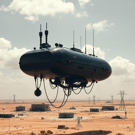 ultra high resolution, masterpiece, best quality, small featureless glossy black  spacecraft hovering low to the ground, underneath the spacecraft are cables hoses and wires, antennas on top, cables hanging from below, rectangular in shape, futuristic world, post apocalyptic landscape, ((low concrete buildings:1.3)) anti gravity, in the atmosphere, sky, clouds, ground visible, hovering, dry, ((dusty)), bleak landscape, parched, orange light, sunlight, square shapes, bleached colors, scattered destroyed industrial buildings, powerlines and towers