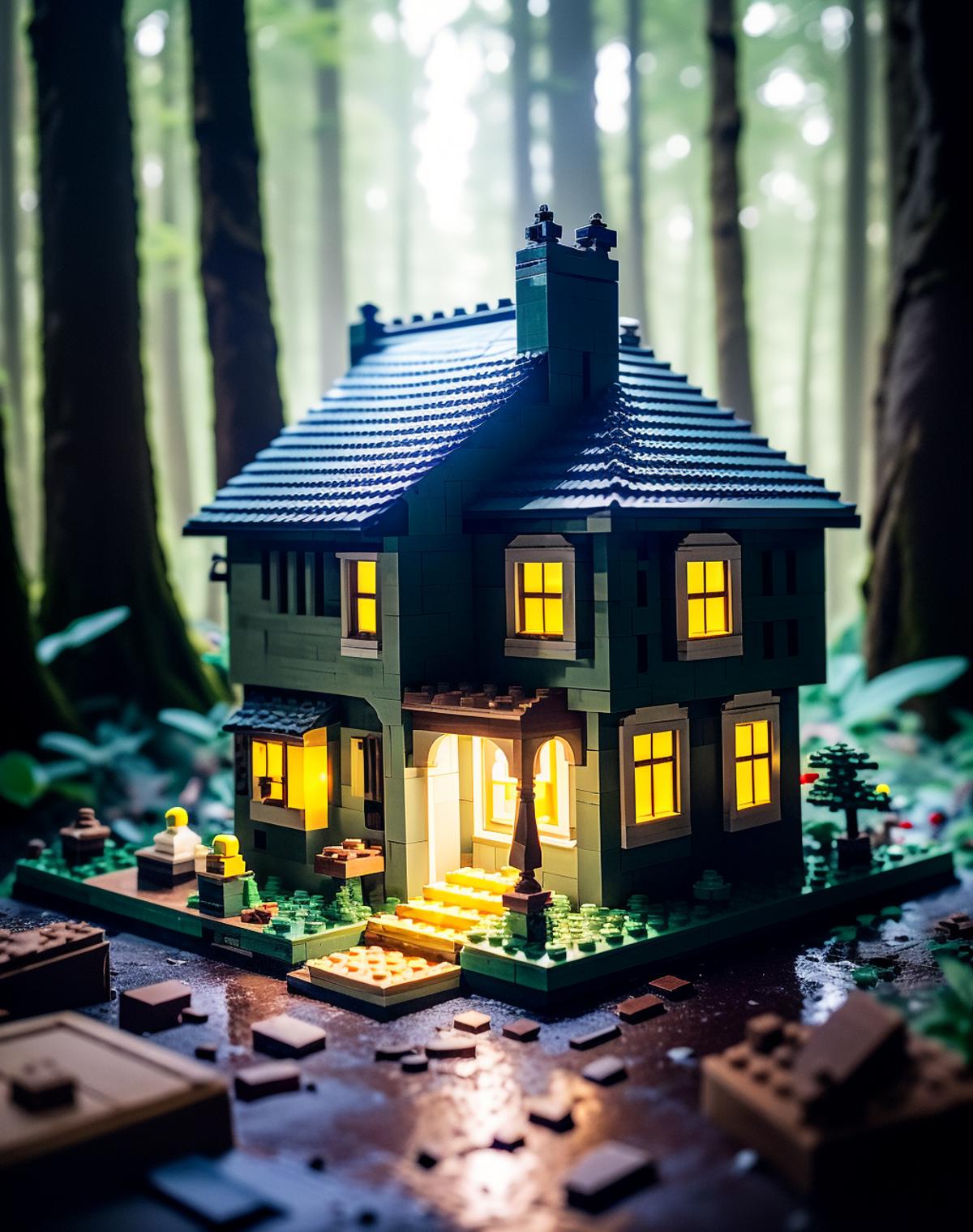 A Lego House in a Forest Setting at Night