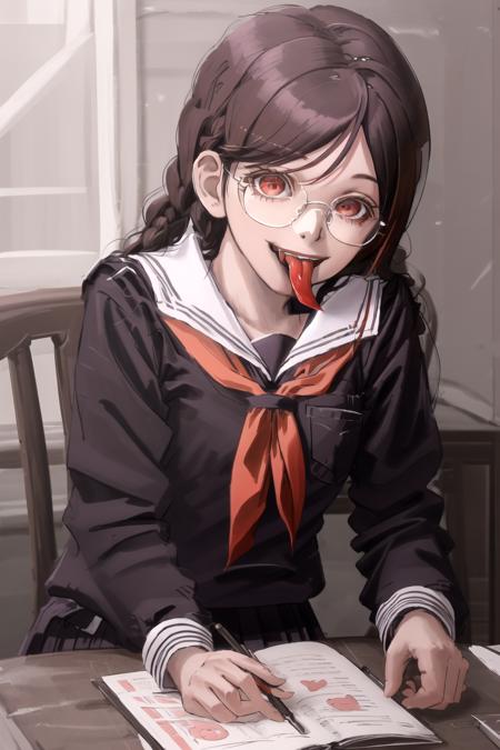 masterpiece, best quality, highres,<lora:GenocideJackDG:1>  , 1girl, solo, skirt, school uniform, neckerchief, pleated skirt, long sleeves, sailor collar, looking at viewer, black skirt, red neckerchief, black shirt, glasses, tongue out, close-up, bent over, arm support, desk,  <lora:ponArtstyleLora_v10:1>