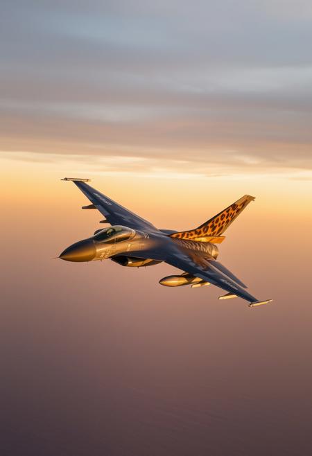 General Dynamics F-16 Fighting Falcon flying over the sea at sunset, leopard color