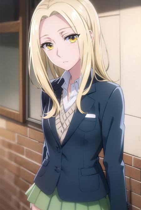 rioamakusa, <lora:rio amakusa s1-lora-nochekaiser:1>,
rio amakusa, long hair, blonde hair, (yellow eyes:1.2), (forehead:1.2),
BREAK skirt, shirt, long sleeves, school uniform, jacket, white shirt, pleated skirt, socks, miniskirt, blazer, cardigan, green skirt,
BREAK indoors, classroom,
BREAK looking at viewer, (cowboy shot:1.5),
BREAK <lyco:GoodHands-beta2:1>, (masterpiece:1.2), best quality, high resolution, unity 8k wallpaper, (illustration:0.8), (beautiful detailed eyes:1.6), extremely detailed face, perfect lighting, extremely detailed CG, (perfect hands, perfect anatomy),