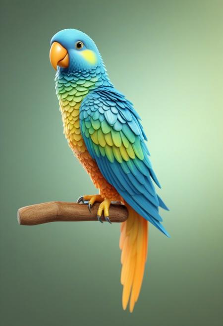Create a highly detailed 3D rendering of a small parrot made from semi-transparent, crystalline material, with intricate hexagonal patterns on its body. The parrot's body reflects and refracts light, creating a shiny, metallic blue and amber color palette. Its wings have smooth gradients from amber to gold, giving a luminous and ethereal feel. The parrot is perched delicately on a natural, textured wooden branch, with gold accents on its legs and claws. The background is softly blurred with shades of green, suggesting a natural outdoor environment, allowing the parrot's reflective surface to stand out vividly