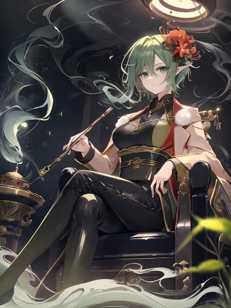 masterpiece,best quality,highres,cinematic lighting,dramatic angle,1girl,green hair,green eyes,hair flower,pointy ears,<lora:ShadowverseMagachiyoV3-000017:0.8:lbw=mgcy>,black suit,sitting,legs crossed,family crest,holding smoking pipe,smoke,depth of field,necklace,looking at viewer,depth of field,expressionless,shaded face,from below,black pants