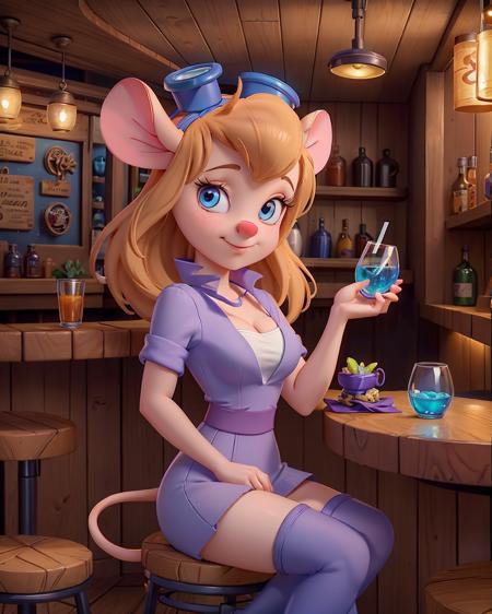 <lora:CARTOON_gadget_hackwrench_ownwaifu:1> cartoon_gadget_hackwrench_ownwaifu, mouse tail, mouse girl, goggles on head, mouse ears, cleavage, mechanical parts, Beautiful girl, strapless shirt, flowing skirt, thigh high boots, cleavage. Highly detailed beautiful expressive eyes. Sitting on a bar stool, drinking from a glass in a well-lit bar. Photorealistic, Natural atmospheric lighting, intricate details, 35mm photograph, film, professional, 4k visuals, highly detailed, elegant, studio quality.
