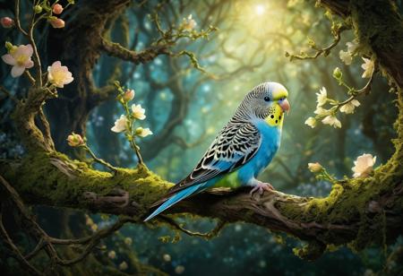 In a mystical forest, 
a budgie adorned with delicate blooms perches on a gnarled branch. Goblins flit about, 
their mischievous eyes reflecting an otherworldly glow. The dramatic lighting captures this magical tableau, 
where nature and magic intertwine