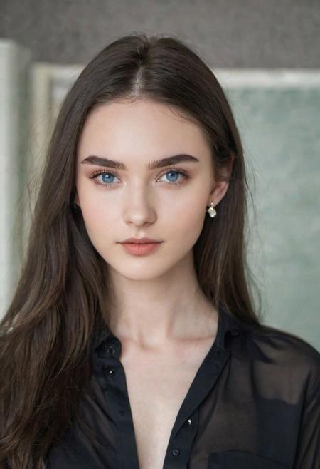 (masterpiece), best quality, expressive eyes, perfect face,( black shirt:1.3), unbuttoned shirt, deep cleavage,earring diamond, pendant, study in classroom,
look at the viewer,  1 girl, 20 yo, makeup,very beautiful, russian model, solo focus, skinny, pale skin, soft lips, (light eyebrow:1.4),shiny blue eyes, black long hair, small breasts, beautiful detailed sky, floating hair,  (nose blush), beautiful detailed eyes,  (background classroom)
