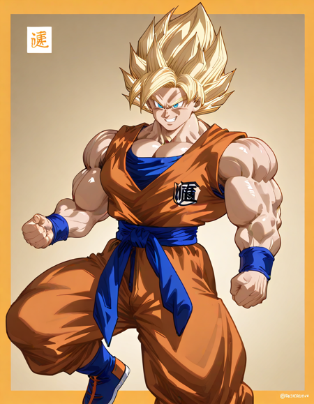 1boy, Goku, spikey hair, yellow hair, super saiyan, blue eyes, orange gi, blue undershirt, blue sash-style obi over waist, blue wristbands, blue boots with a yellow border and red laces, muscular, muscular male, solo, big muscles, bulky muscles, big biceps