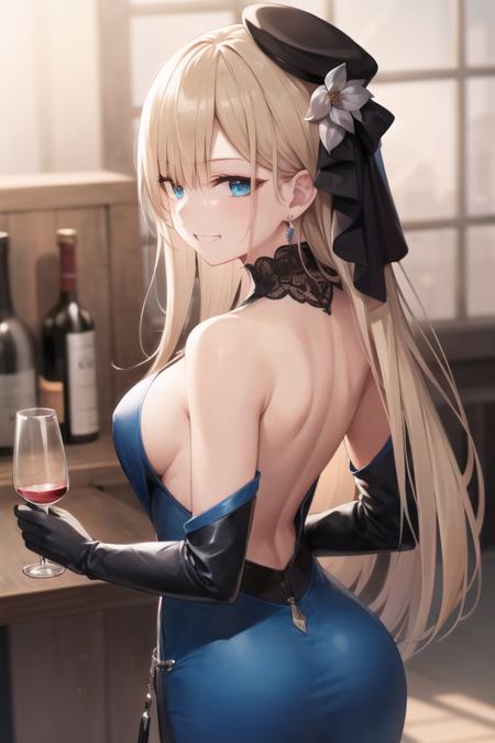 1girl, solo, masterpiece, best quality, <lora:reines_v2:0.8>, cup, breasts, dress, gloves, blue scarf, looking at viewer, drinking glass, jewelry, earrings, bare shoulders, hat, blue dress, holding, smile, wine glass, looking back, black headwear, back, holding cup, alcohol, grin, from behind, medium breasts, sideboob, tilted headwear, bare back, flower