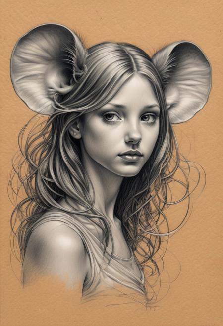 A captivating and enchanting charcoal sketch on aged paper masterfully merges the artistic styles of Vincent Callebaut, Angela Barrett, and David Lachepelle. The central figure is a girl-mouse hybrid, with a delicate, young girl's face effortlessly blending into large, rounded ears and a slender mouse tail. The minimalist, dark fantasy drawing showcases clean lines and a somber atmosphere, emphasizing the mystique and contemplation it evokes. The muted orange background further enhances the alluring ambiance and complements the intricate illustration of the young girl with mouse-like features, her flowing hair framing her dreamy, whimsical appearance. This work of art seamlessly blends elements of anime, surrealism, and dark fantasy, creating a truly unique and mesmerizing piece., anime, illustration, dark fantasy, painting