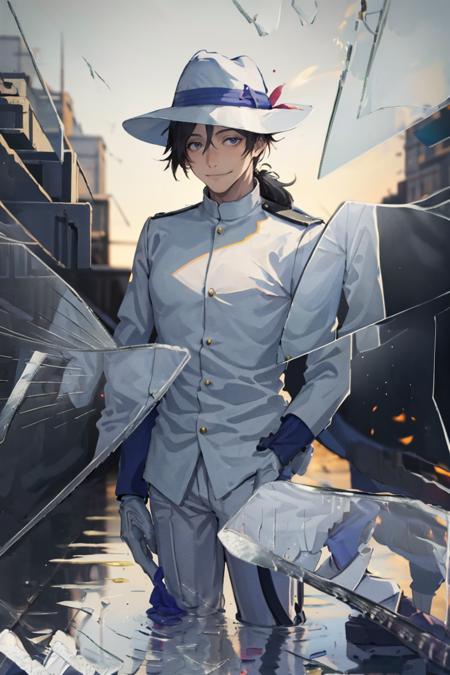 masterpiece, best quality, absurdres, 1boy, solo, SakamotoRyouma, black hair, ponytail, white hat, white jacket, white gloves, white pants, IncrsBrknGls, broken glass, reflection, smirk, outdoors, city, ruins, fire, <lora:SakamotoRyouma:1>, <lora:BrokenGlass:1.0>