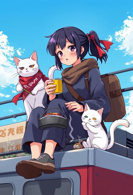 A vibrant, anime-style illustration depicting a 20yo girl sitting on the top of a train,  bright blue sky. using a an old and worn ninja suit, heating instant ramen on a small grill . The atmosphere is lively, yet tranquil, capturing a moment of quiet exploration.
Behind her, a white cat with a red ninja bandana carrying a bag with kunais eating a small fish,