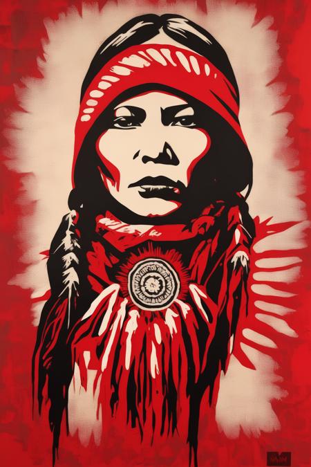 <lora:Shepard Fairey Style:1>Shepard Fairey Style - Mmiw woman portrait with red hand paint across the mouth in the style of a stencil with red and white tones