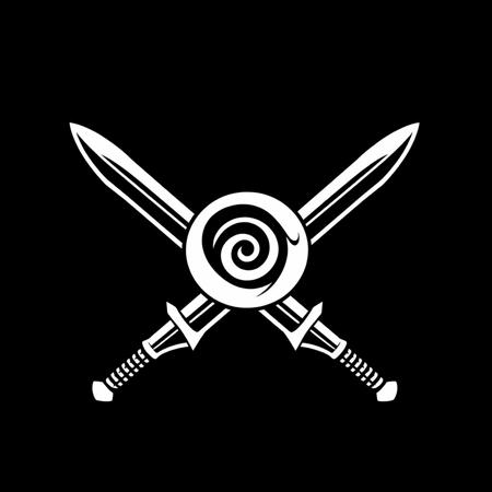 (stylized logo, emblem, vector art), (symbol of a crossed swords), (solid colors, thick-linework), white outline, black background, 
crossed swords with the emblem of the spiral in the form of a circle symbol white in the center, heraldic, black background, HDR, UHD,