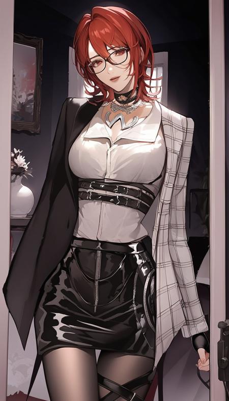 MacchiatoPTN, Red eyes, Red hair, Short hair, Glasses, Black blazer, White blazer, Multicoloured Blazer, Asymmetrical blazer, Black choker, White shirt, Black skirt, Sheer black pantyhose, Pendant, Black waist straps, Thigh garter belt, Fingerless gloves, High heels,  MacchiatoPTN, Red eyes, Red hair, Short hair, Black jacket, Dark navy latex top, High collar, Skirt, Dark navy stockings, Thigh highs, Latex stockings, Black gloves, Rose ornament, Ring, Earrings, high heels 