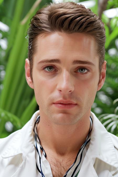 a man in a stunning white suit, in a jungle paradise, perfect day, close up, clean shaven, raw, 8k uhd <lora:jasonPriestly:1>