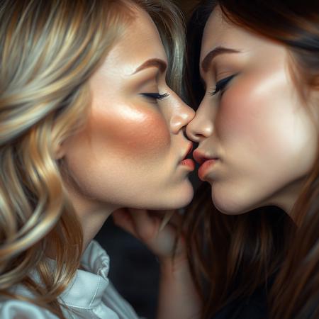 two beautiful women about to kiss, eye open, eyes closed, blonde, brunette, long hair, short hair, wavy, straight, blouse, halter, 18yo, 35yo, lips closed, lips slightly open, makeup, pleased, eager, aroused, loving, close up on faces, 
score_9, score_8_up, very detailed, detailed eyes,  high detailed texture, realistic, photorealistic, perfect eyes, real life realistic, detailed background, dynamic angle, volumetric lighting, godrays, beautiful, small breasts, green eyes,