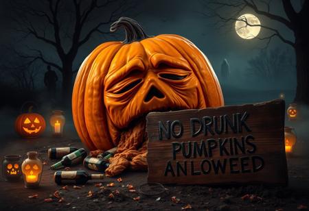 “Enormous orange pumpkin with a tired, worn-out expression, sitting on the ground as it vomits its own pumpkin guts. Empty beer bottles scattered around, as if it just had a long night of drinking. Surrounding the pumpkin are spooky Halloween elements: glowing jack-o’-lanterns, eerie fog creeping along the ground, flickering candles inside skull-shaped lanterns, and a few scattered candy wrappers. A full moon casts a dim light over the scene, with creepy shadows from nearby trees and faint ghostly figures in the distance. In front of the pumpkin, a decayed, broken wooden sign with deep engravings reads ‘NO DRUNK PUMPKINS ALLOWED,’ adding a darkly humorous touch to the eerie atmosphere.”