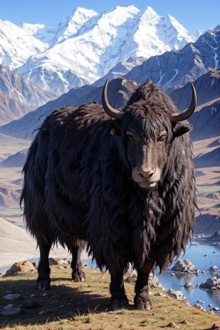 no_humans, black yak,  horns, outdoors, solo, animal, rock, water, cloud, mountain, stand on the hill
best quality, 8k, masterpiece <lora:yak_v1:0.67>