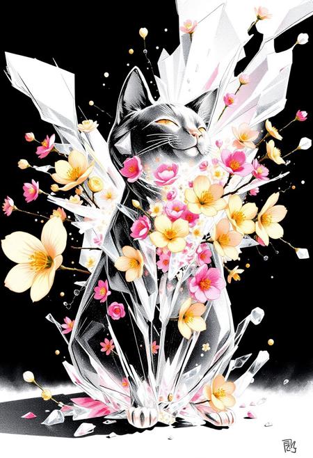 bmstyle anime "A cat made of translucent, crystallized material shatters outward, with shards transforming into a burst of vibrant Sakura flowers. The flowers are varied in color and species, blooming mid-air as if born from the explosion. Soft light refracts through the crystal fragments, creating a surreal, dreamlike atmosphere." <lora:FLUX-daubrez-DB4RZ-v2:0.35> DB4RZ, DB4RZ style painting <lora:illustration004:0.8> illustration004 chaotic expressive line-art scribbled and erratic strokes monochromatic black ink <lora:Scribble Portrait Drawing:0.35> Drawing <lora:aidmaMJ6.1_v0.5_3:0.35> aidmamj6.1, aidmamj6, mystcorbCE_style